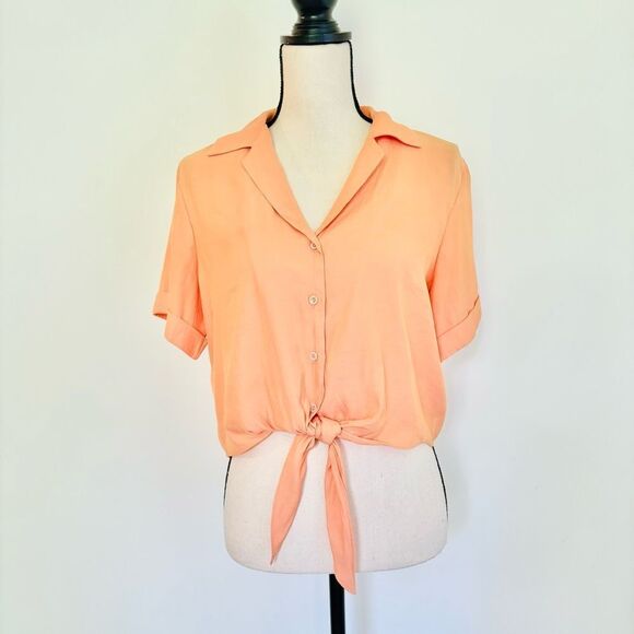 Joie Tie-Front Blouse – Short Sleeve, Button-Up, Orange, Size S - Picture 4 of 8